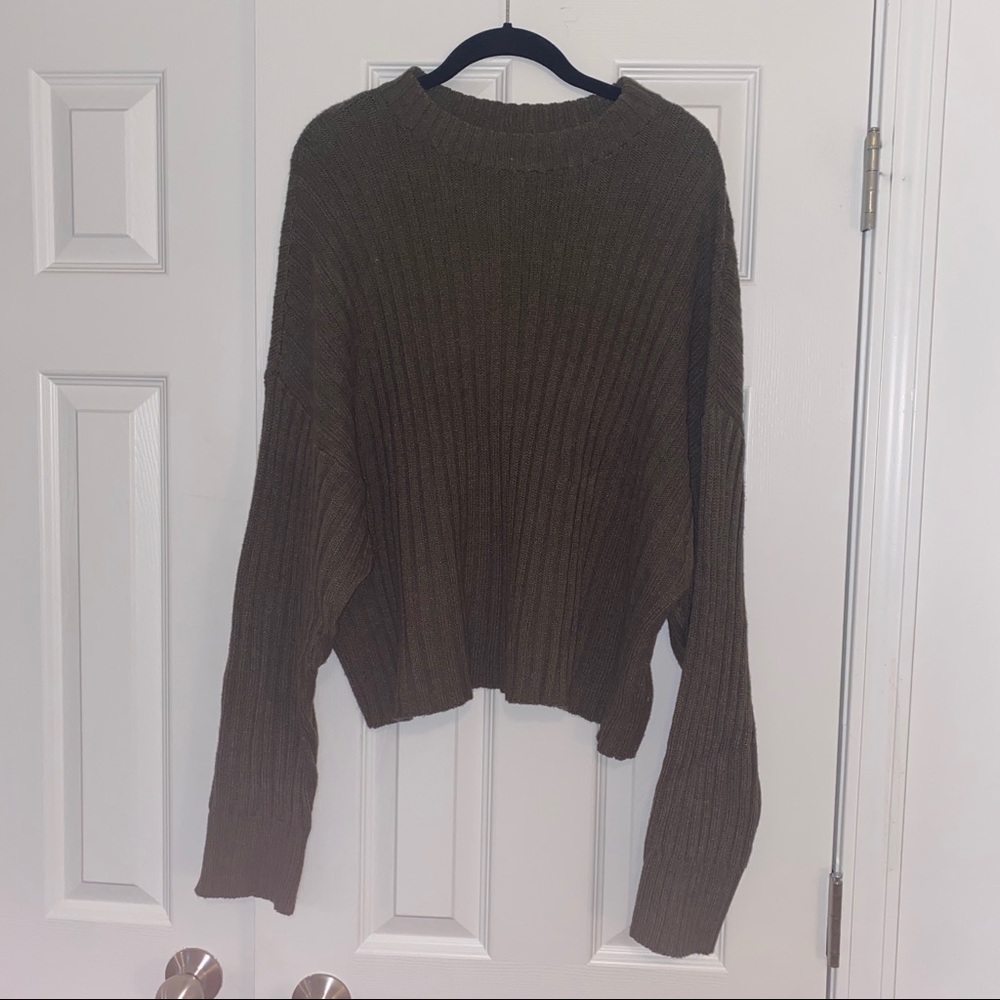 Mock neck waffle army green sweater